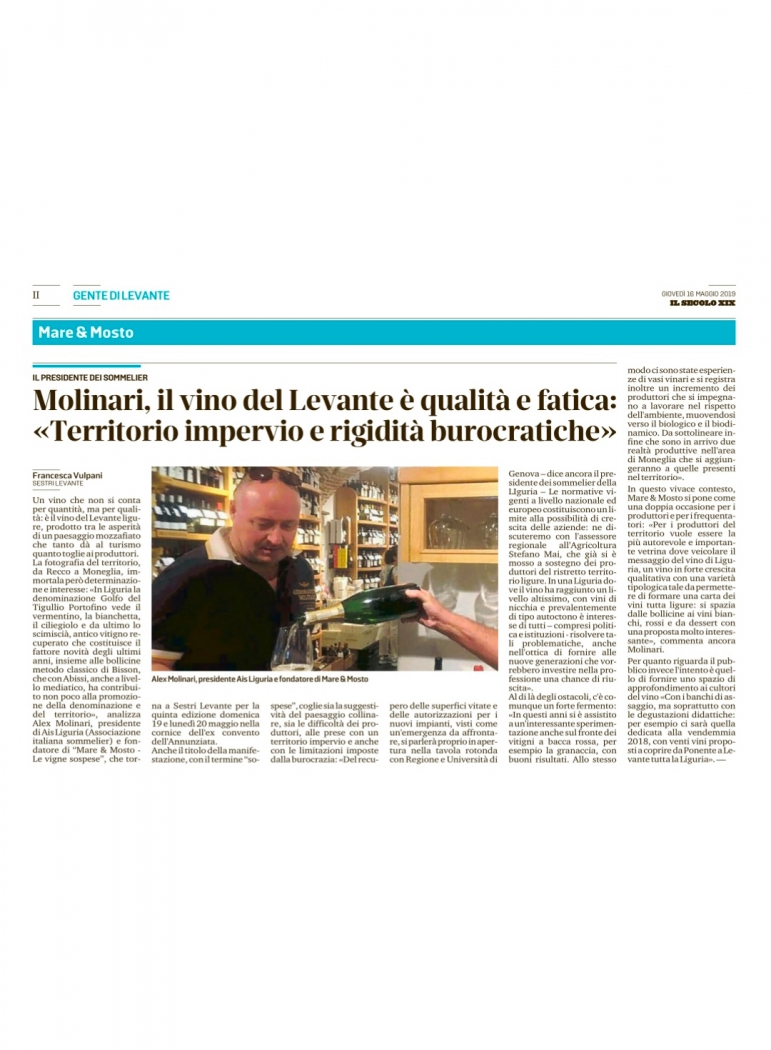 Molinari, il vino del Levante è qualità e fatica: "Territorio impervio e rigidità burocratiche"