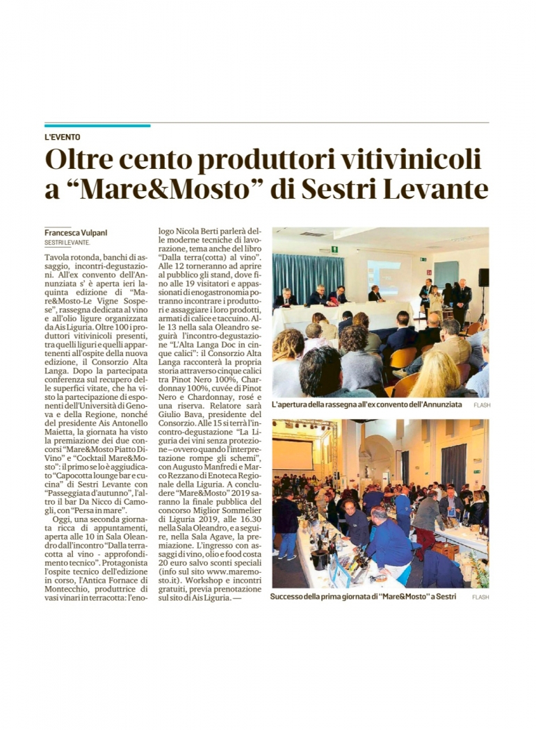 Oltre cento produttori vitivinicoli a "Mare&Mosto" di Sestri Levante