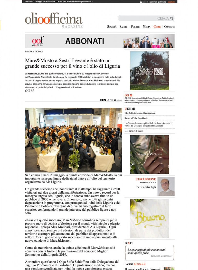 Mare&Mosto a Sestri Levante è stato un grande successo per il vino e l'olio di Liguria