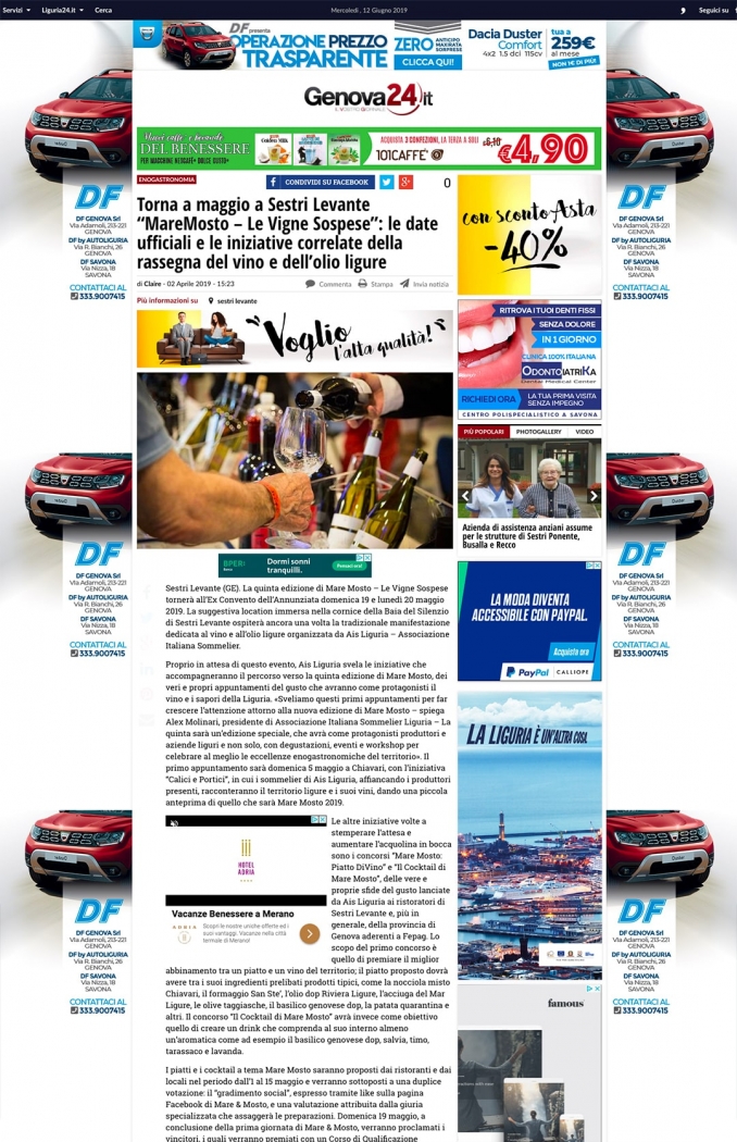 Torna a maggio a Sestri Levante “MareMosto – Le Vigne Sospese”: le date ufficiali e le iniziative correlate della rassegna del vino e dell’olio ligure