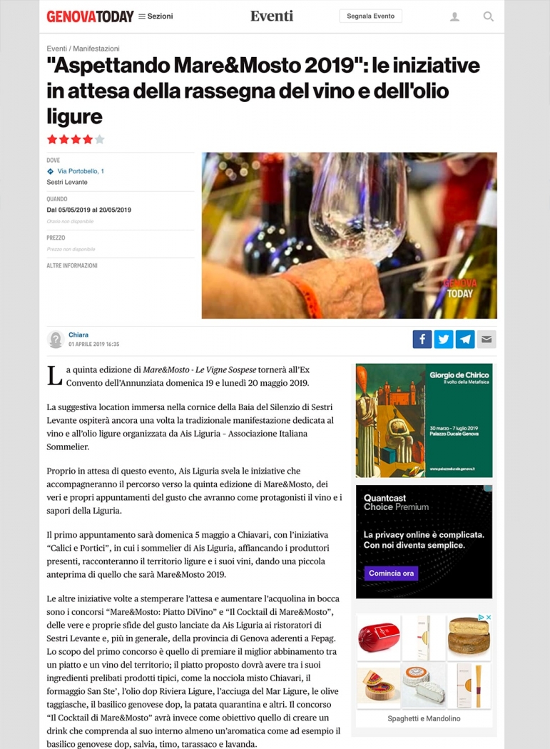 Aspettando Mare&Mosto 2019": le iniziative in attesa della rassegna del vino e dell'olio ligure