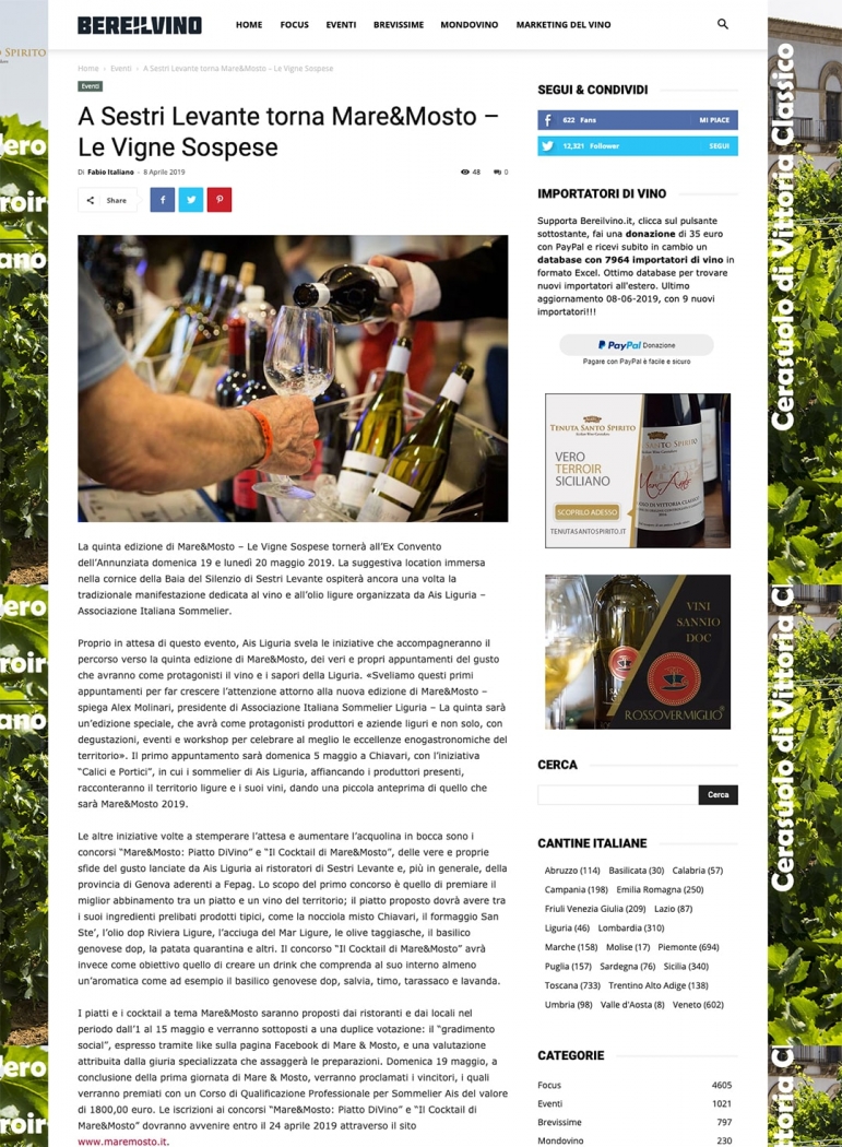 A Sestri Levante torna Mare&Mosto – Le Vigne Sospese