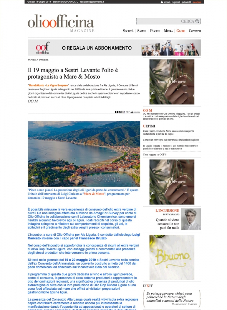 Il 19 maggio a Sestri Levante l'olio è protagonista a Mare & Mosto