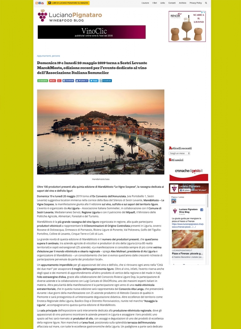 Domenica 19 e lunedì 20 maggio 2019 torna a Sestri Levante Mare&Mosto, edizione record per l’evento dedicato al vino