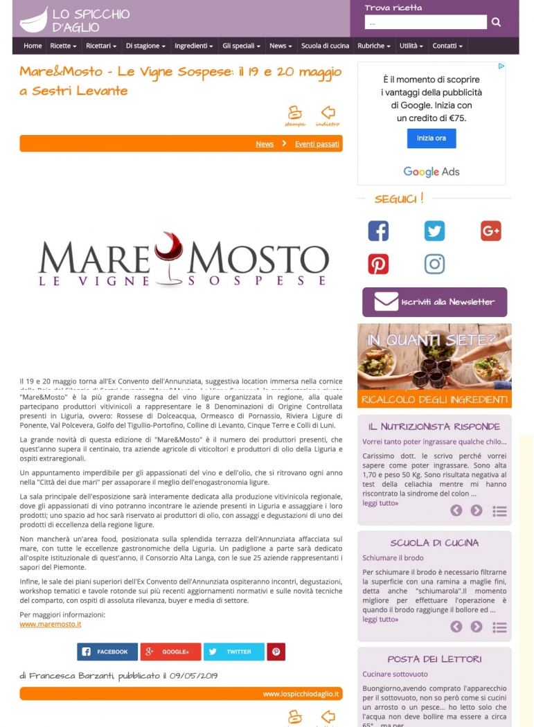 Mare&Mosto - Le Vigne Sospese: il 19 e 20 maggio a Sestri Levante