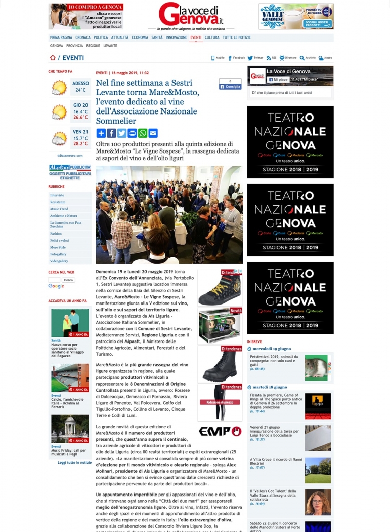 Nel fine settimana a Sestri Levante torna Mare&Mosto, l'evento dedicato al vine dell'Associazione Nazionale Sommelier