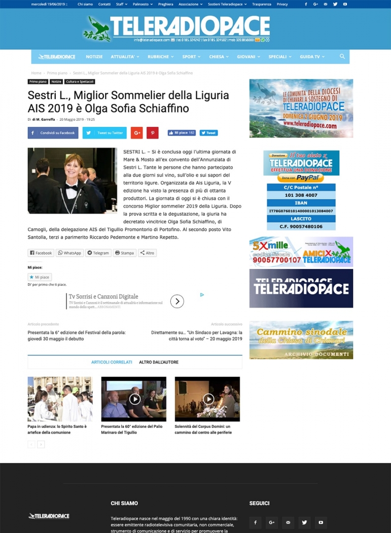 Sestri L., Miglior Sommelier della Liguria AIS 2019 è Olga Sofia Schiaffino