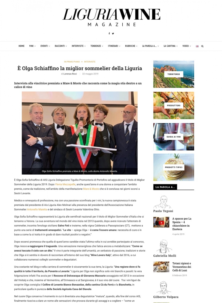 È Olga Schiaffino la miglior sommelier della Liguria